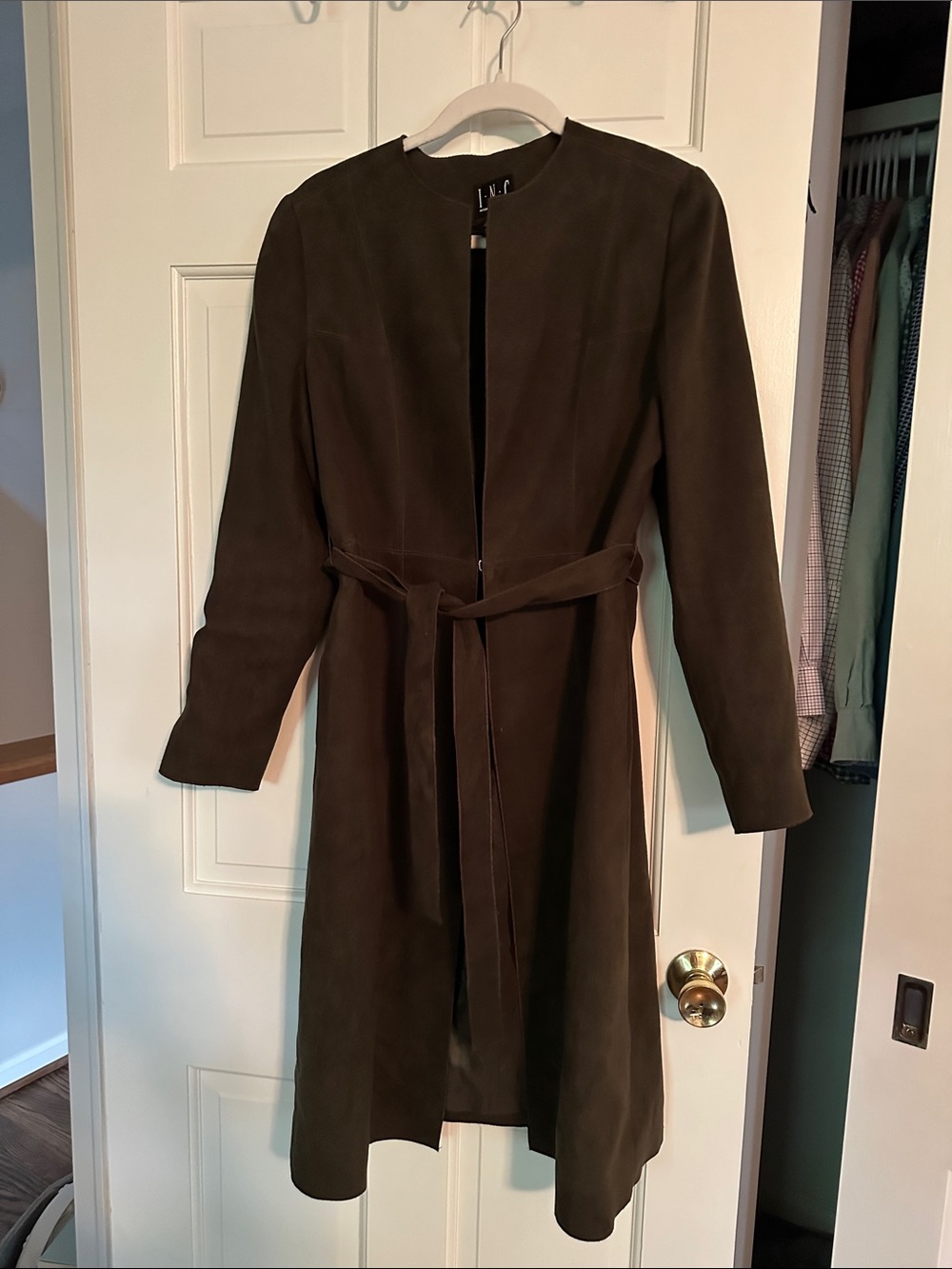 INC International Concepts Olive Green Faux Suede Tie-Waist Long Coat